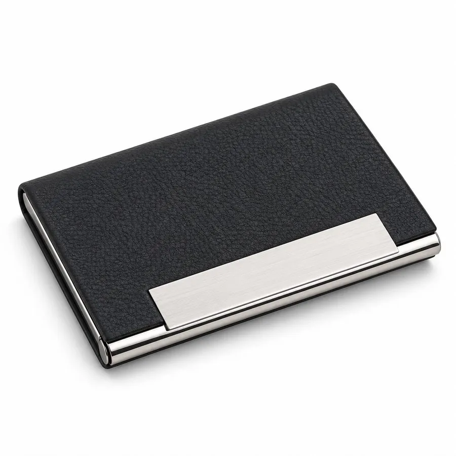 Business card holder, black with silver plate
