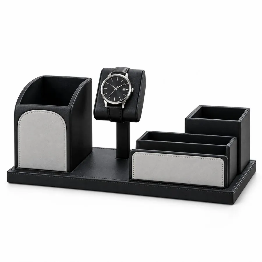 Desk organiser with clock, black & silver