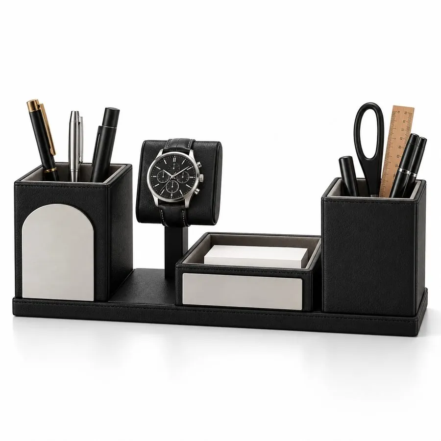 Desk organiser with clock, black (3-section)
