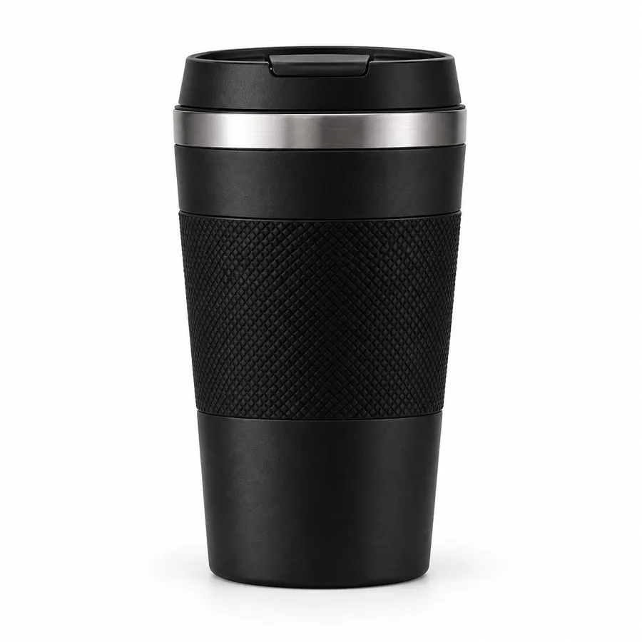 Insulated coffee tumbler with grip, black