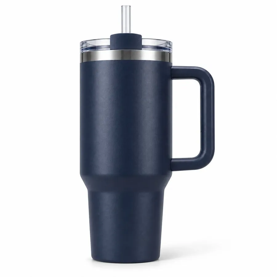 Large tumbler with handle & straw, navy