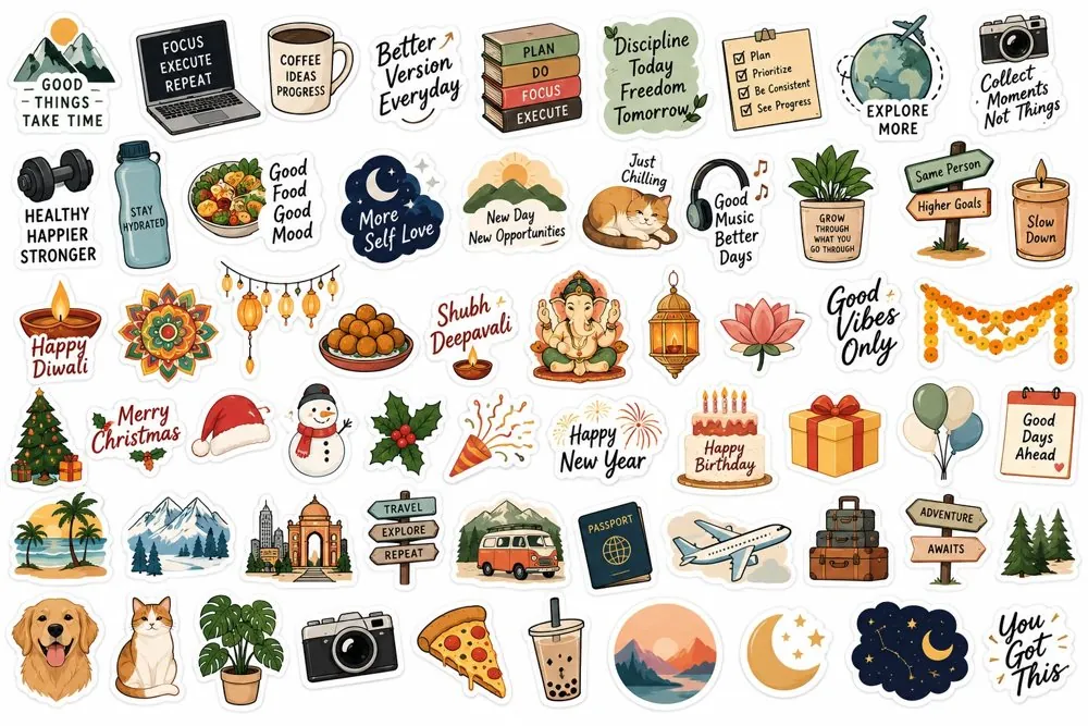 Lifestyle, travel & festive laptop sticker pack