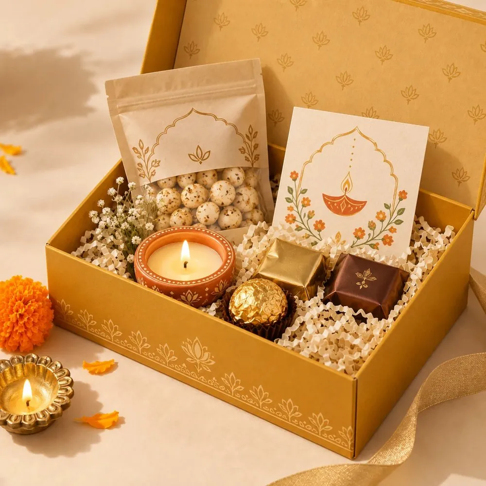 Gift box with a pouch of roasted makhana, a candle and chocolates