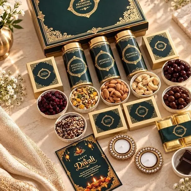 Bowls of almonds, cashews, cranberries and mixed nuts beside gift jars