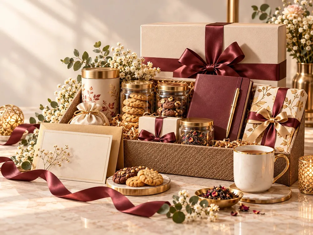 Hamper with loose-leaf tea, cookies and a mug