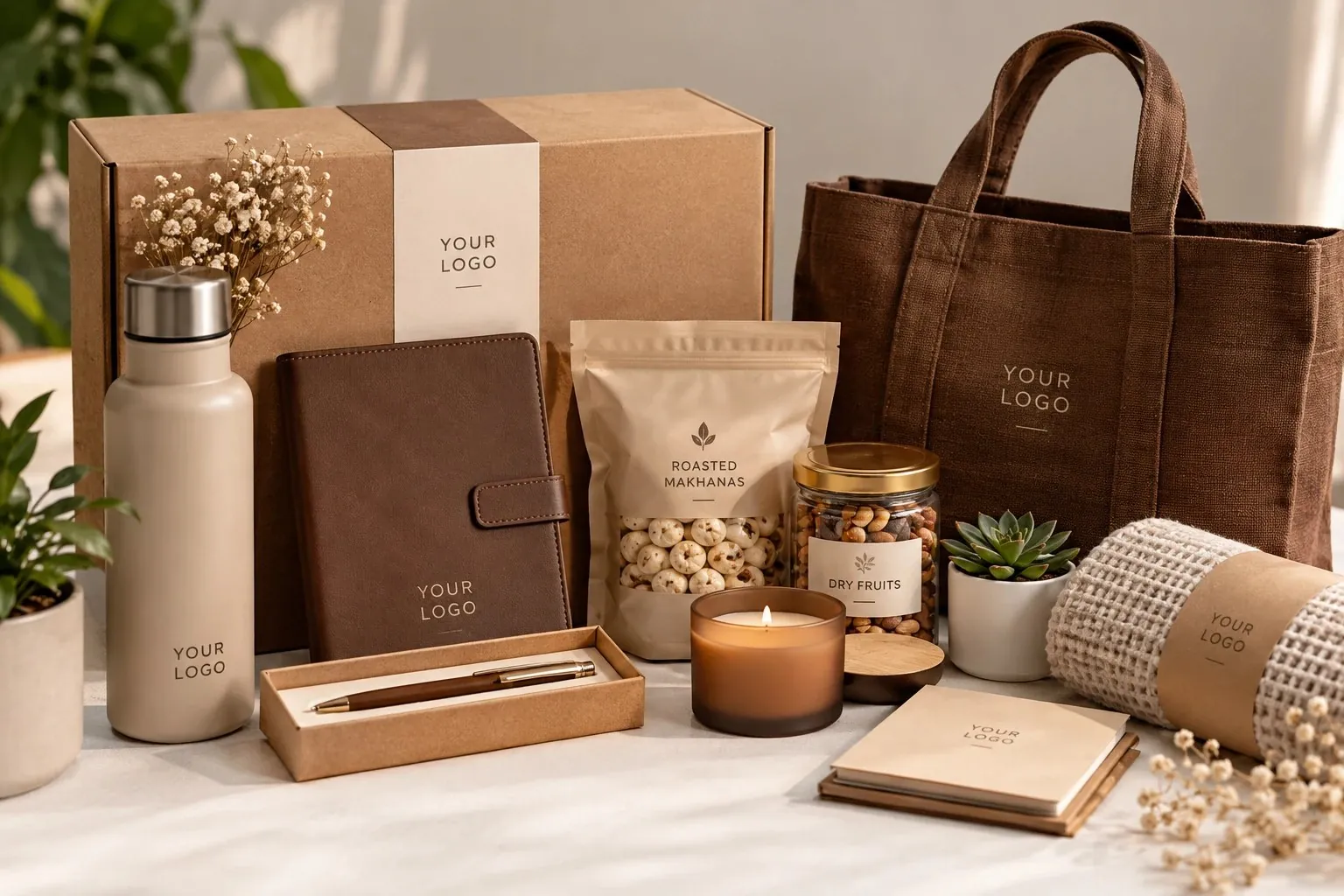 Branded event kit with a kraft box, tote bag, bottle, diary, boxed pen, roasted makhanas, dry fruits, a candle and a notepad, each showing a logo