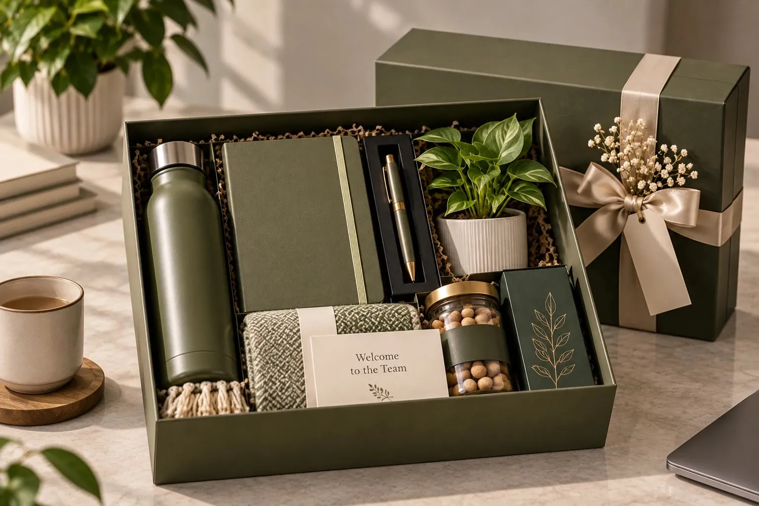 Olive green onboarding kit with a bottle, notebook, boxed pen, plant, throw and a Welcome to the Team card